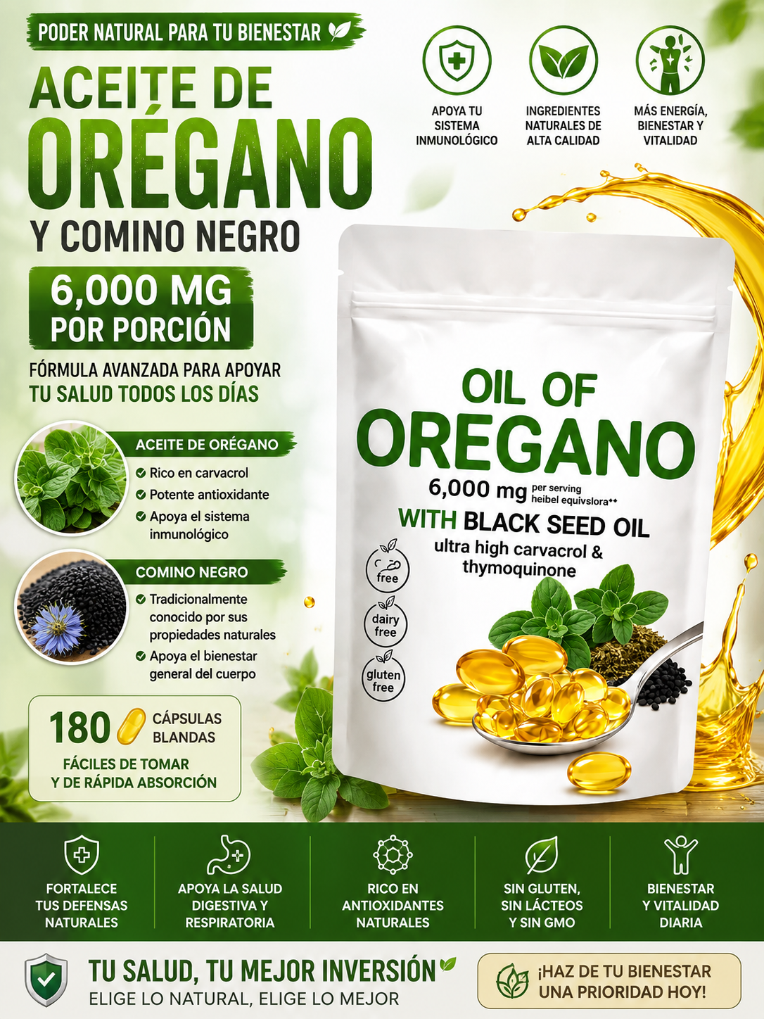 ACEITE DE ORÉGANO Y COMINO NEGRO 6000 MG (180 CÁPSULAS BLANDAS)